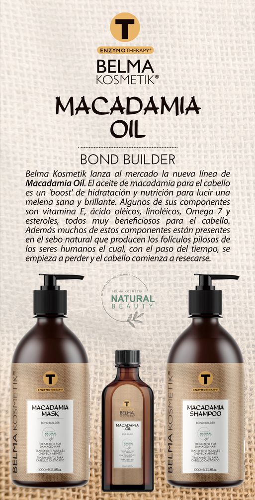 Kit de tratamiento capilar XARODIST Belma con champú, mascarilla y sérum de macadamia para cuidado multifuncional del cabello.