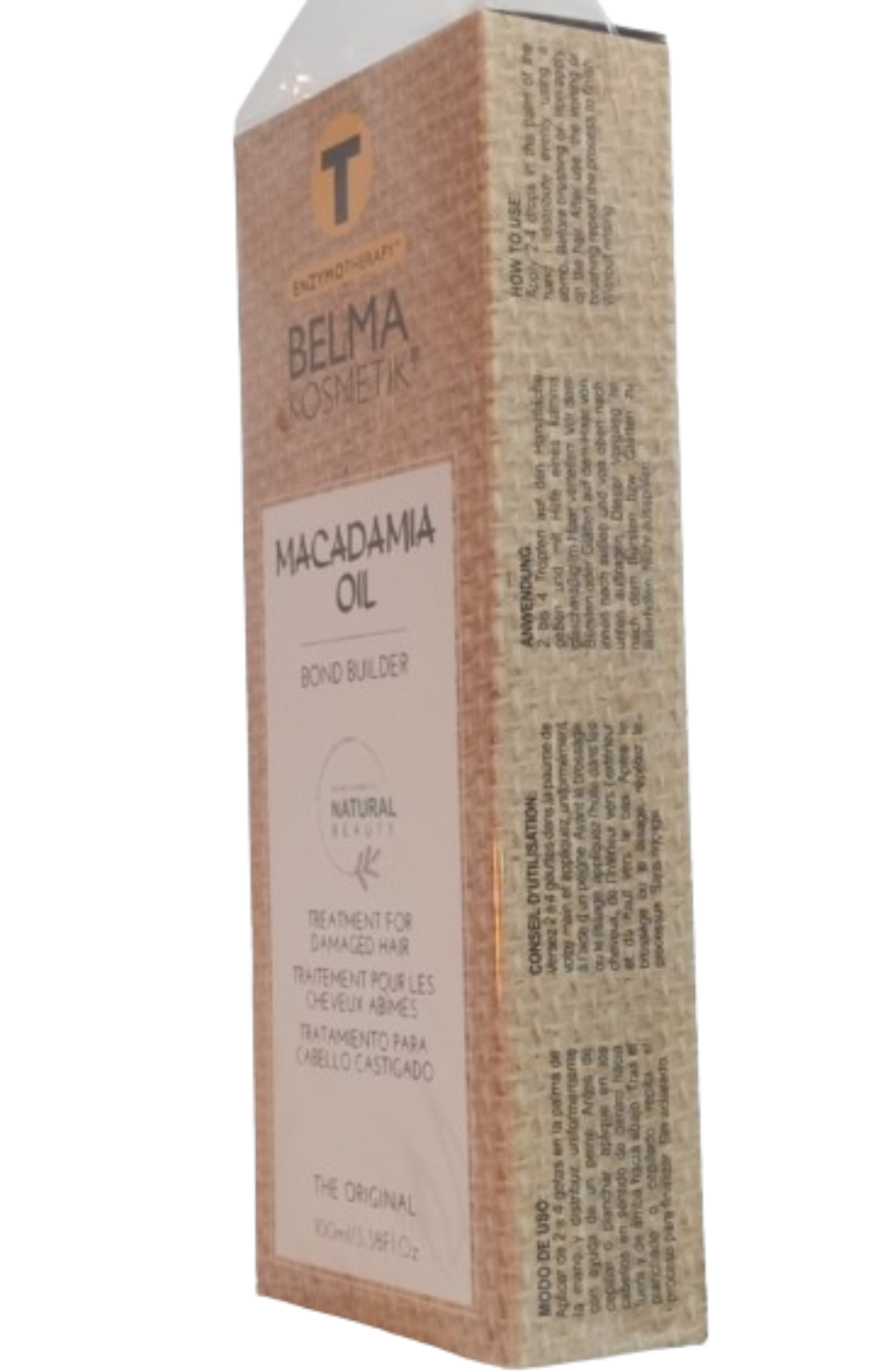 Aceite de macadamia Belma Kosmetik de XARODIST en caja lateral, serum capilar multifuncional para cabello saludable.