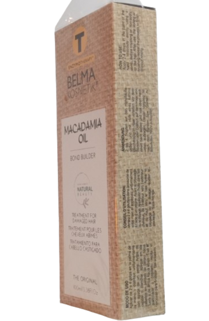 Aceite de macadamia Belma Kosmetik de XARODIST en caja lateral, serum capilar multifuncional para cabello saludable.