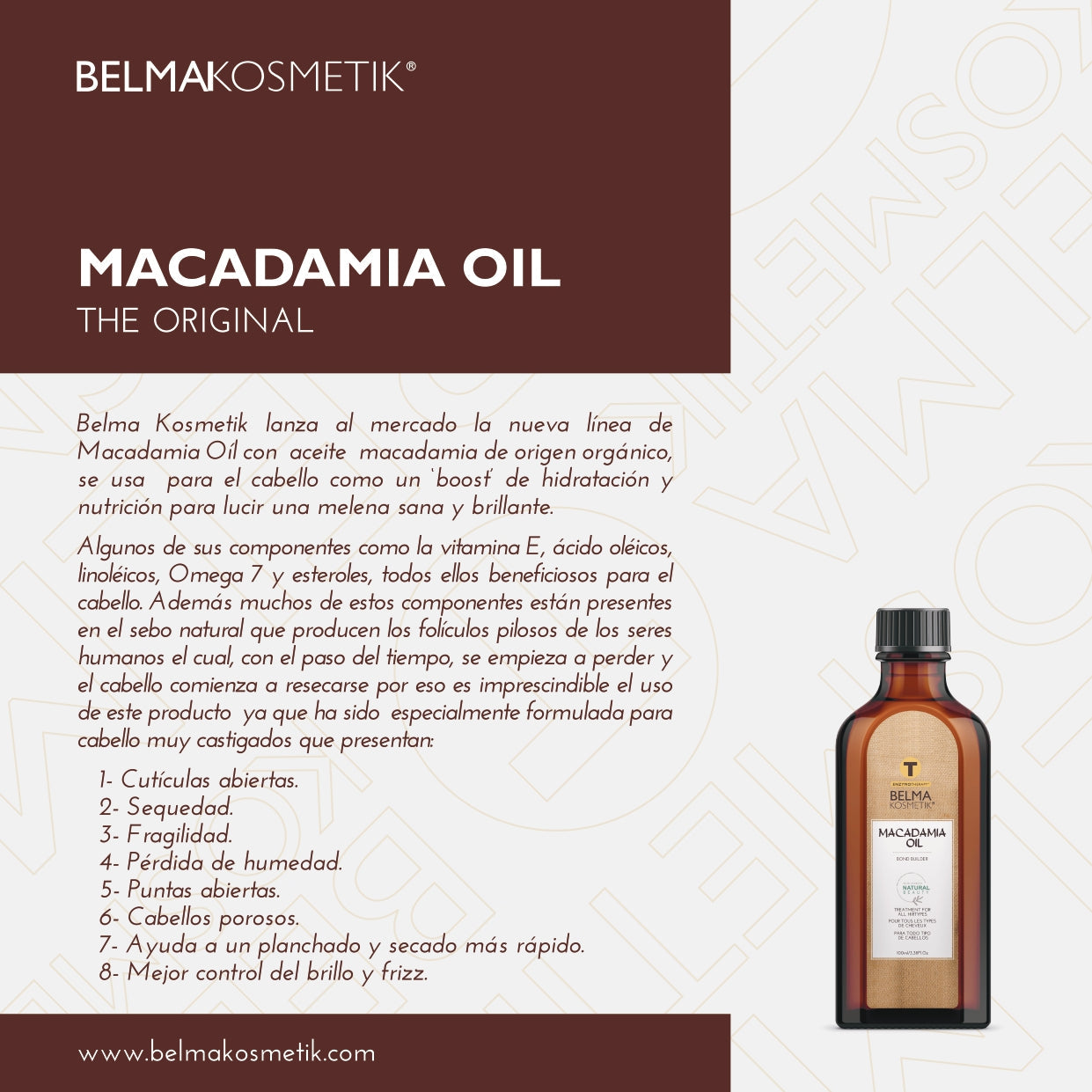 Aceite de macadamia XARODIST Belma kosmetik en botella de 50 ml, tratamiento capilar multifuncional con aceite de macadamia.