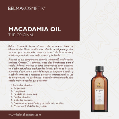 Aceite de macadamia XARODIST Belma kosmetik en botella de 50 ml, tratamiento capilar multifuncional con aceite de macadamia.