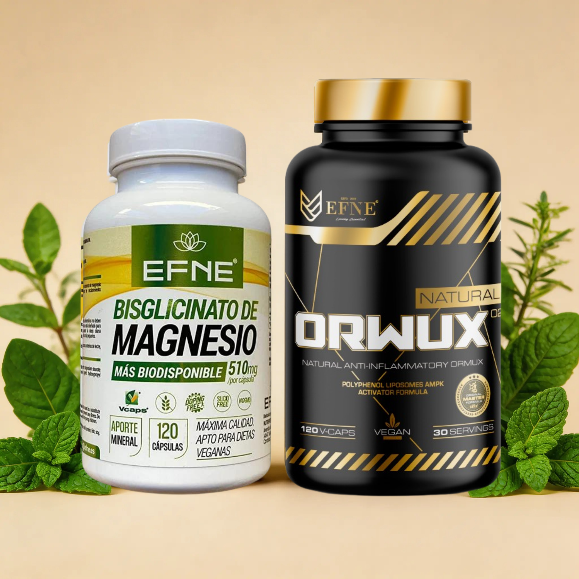 Suplemento de magnesio y ormus en envase de EFNE, indicado para aliviar la inflamación y promover el descanso.