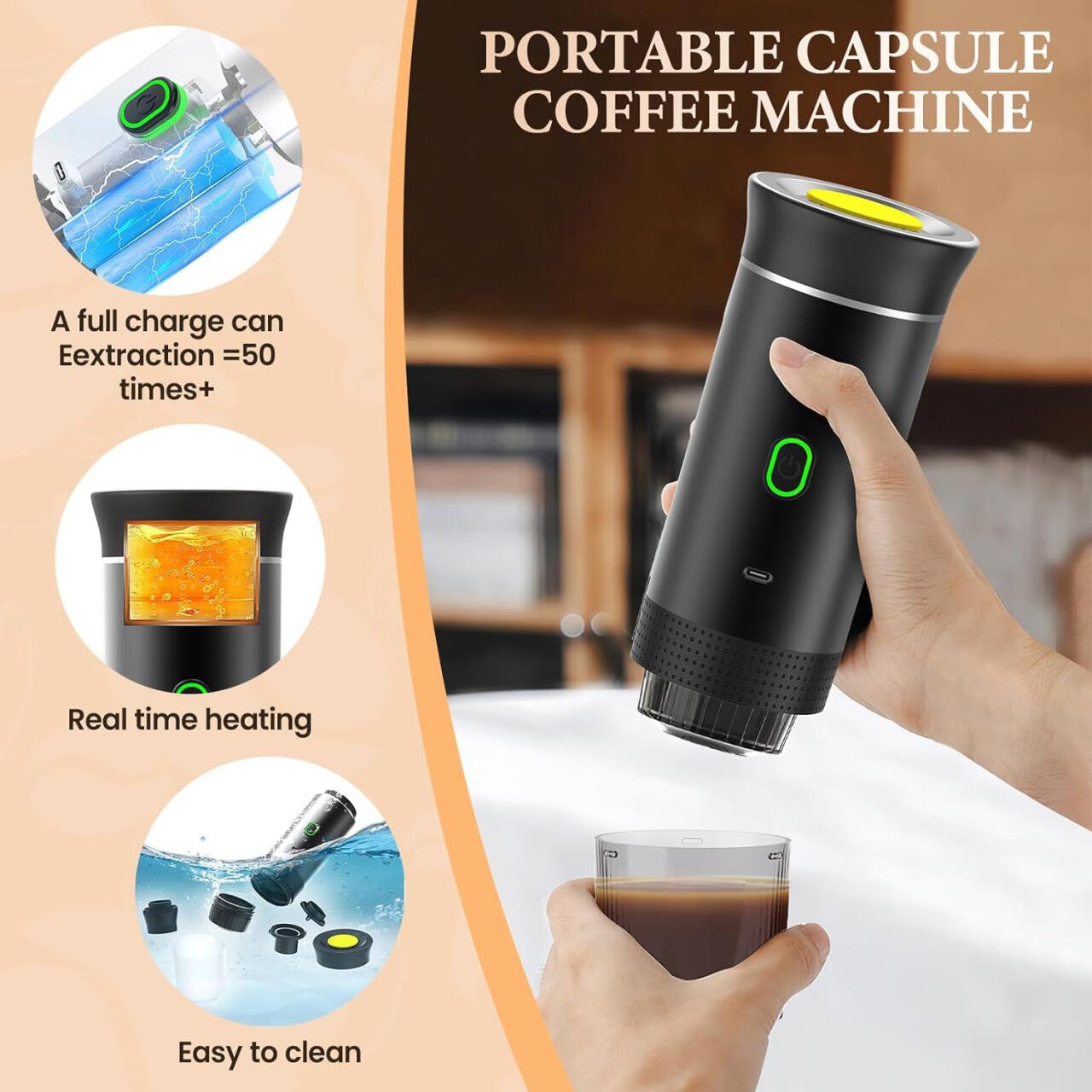 Cafetera portátil 3 en 1 Innovagizmo con calentamiento automático y carga USB-C, con tapa y botones visibles en la imagen.