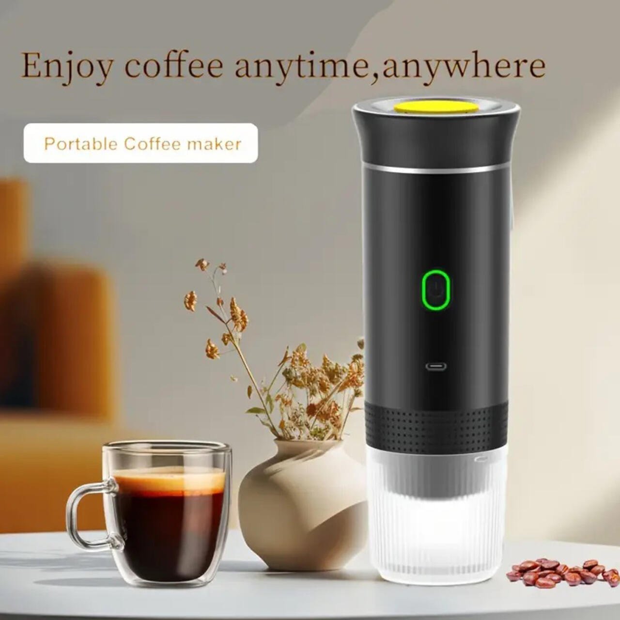 Cafetera portátil 3 en 1 de innovagizmo.com con calentamiento automático y carga USB-C, diseñada para preparar café en cualquier lugar.