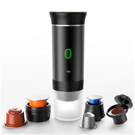 Cafetera portátil 3 en 1 de innovagizmo con calentamiento automático y carga USB-C, compacta y ideal para viajes y oficina.