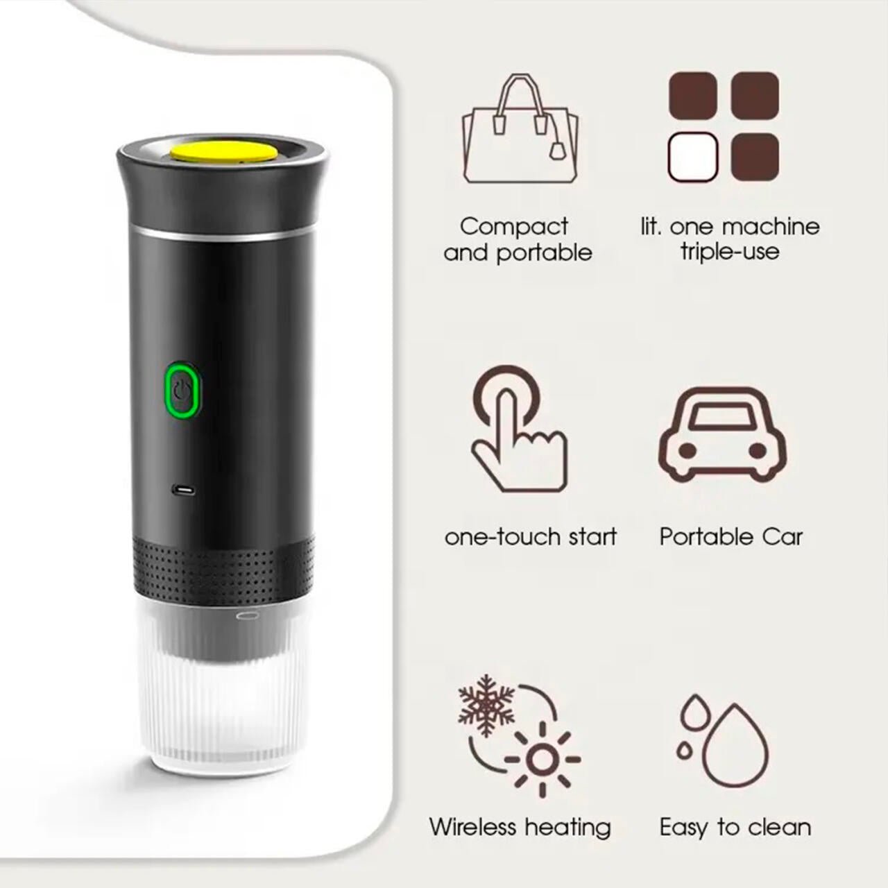 Cafetera portátil 3 en 1 de innovagizmo.com con calentamiento automático y carga USB-C, ideal para viajes y uso en movimiento.