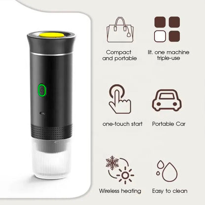 Cafetera portátil 3 en 1 de innovagizmo.com con calentamiento automático y carga USB-C, ideal para viajes y uso en movimiento.