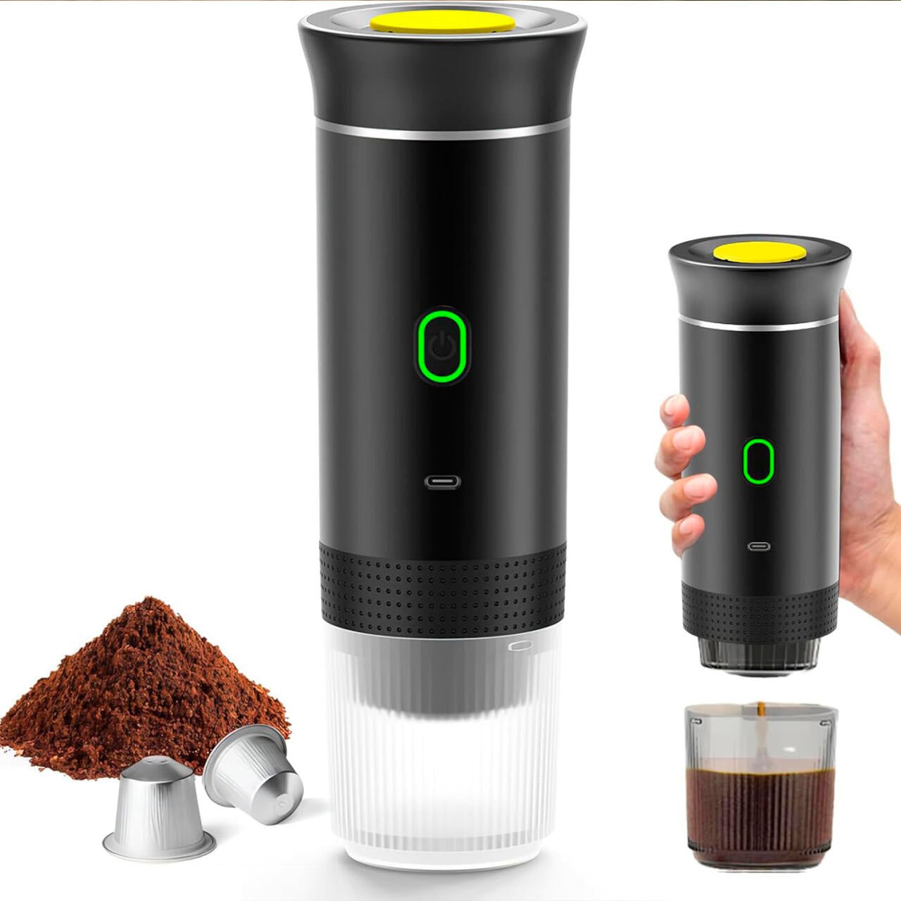 Cafetera portátil 3 en 1 de innovagizmo con calentamiento automático y carga USB-C, compacta y práctica para bebidas calientes.