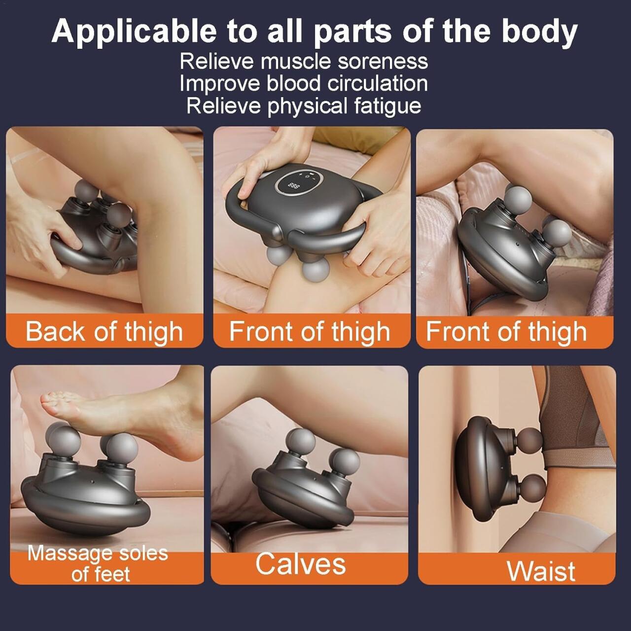 Masajeador de mano innovagizmo.com, dispositivo portátil con mango ergonómico y cabezal para aliviar tensión muscular.