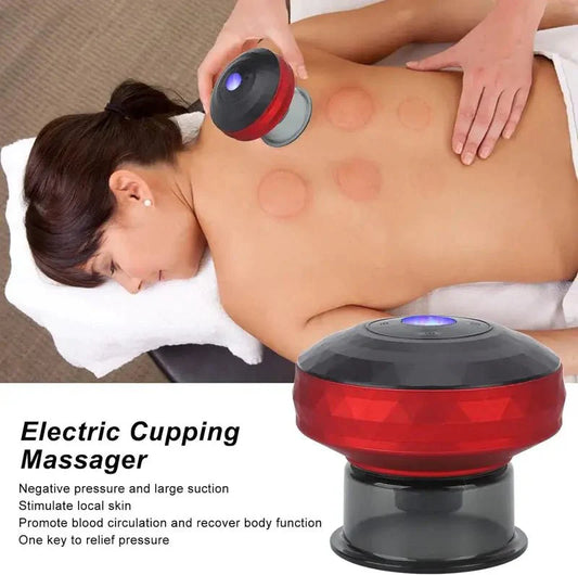 Masajeador eléctrico de ventosa Innovagizmo muestra las ventosas y control en su superficie para aliviar tensiones musculares efectivamente.
