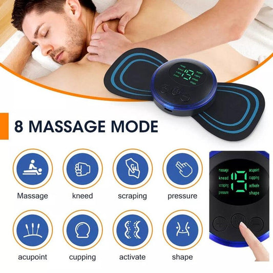 Masajeador muscular eléctrico innovagizmo en uso, mostrando sus cabezales y diseño ergonómico para aliviar tensión muscular.