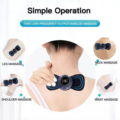Masajeador muscular eléctrico innovagizmo en uso, con cabezal de masaje y control, ideal para aliviar tensión muscular.