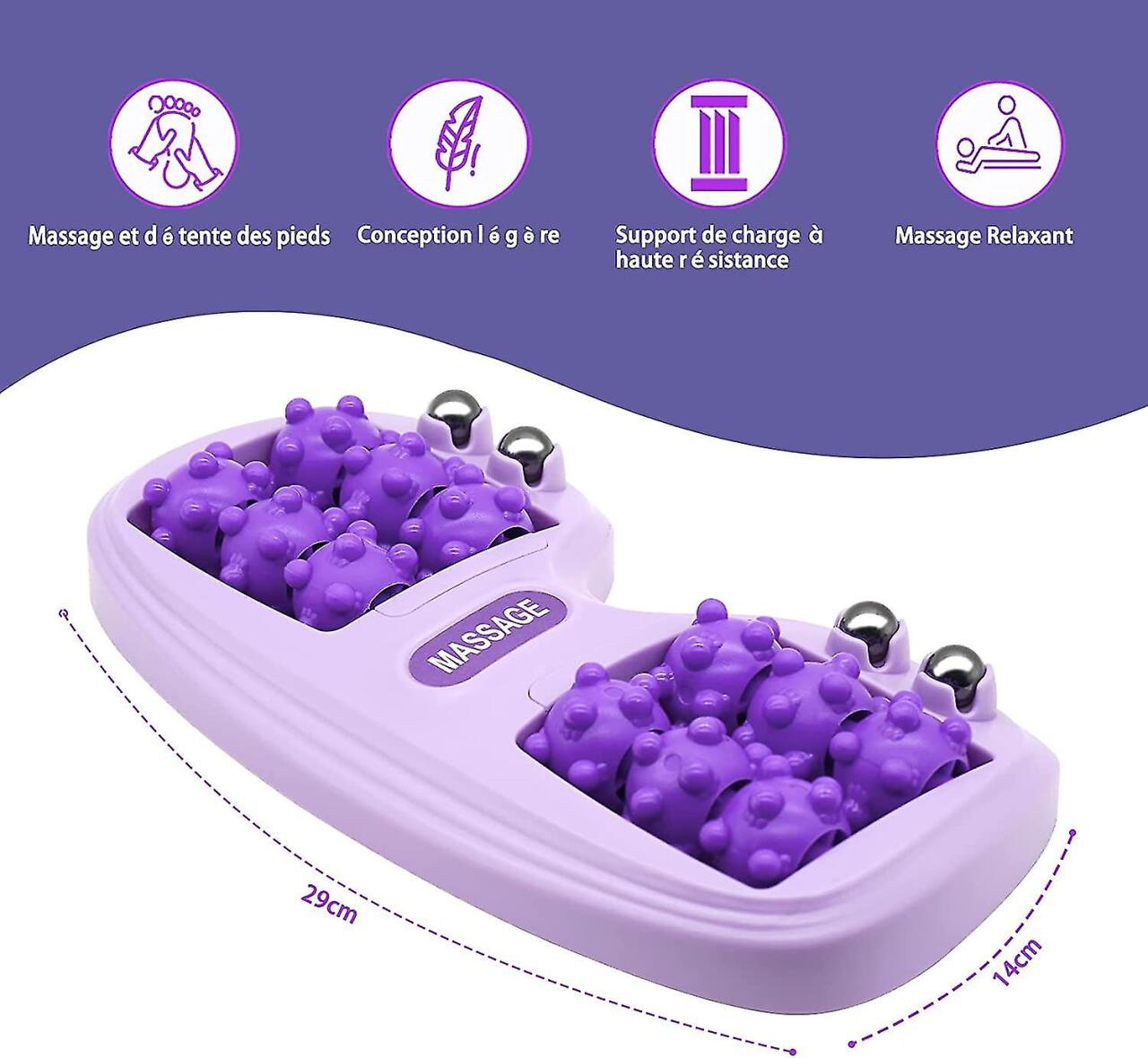Masajeador de pies de la marca innovagizmo.com, muestra un dispositivo para aliviar tensión y mejorar la circulación en los pies.