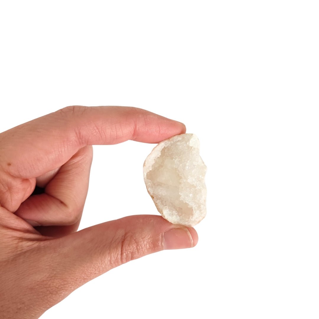 Mitad de geoda de cuarzo blanco con cristales brillantes y estructura cristalina en interior, muestra detalles naturales y translucidez.