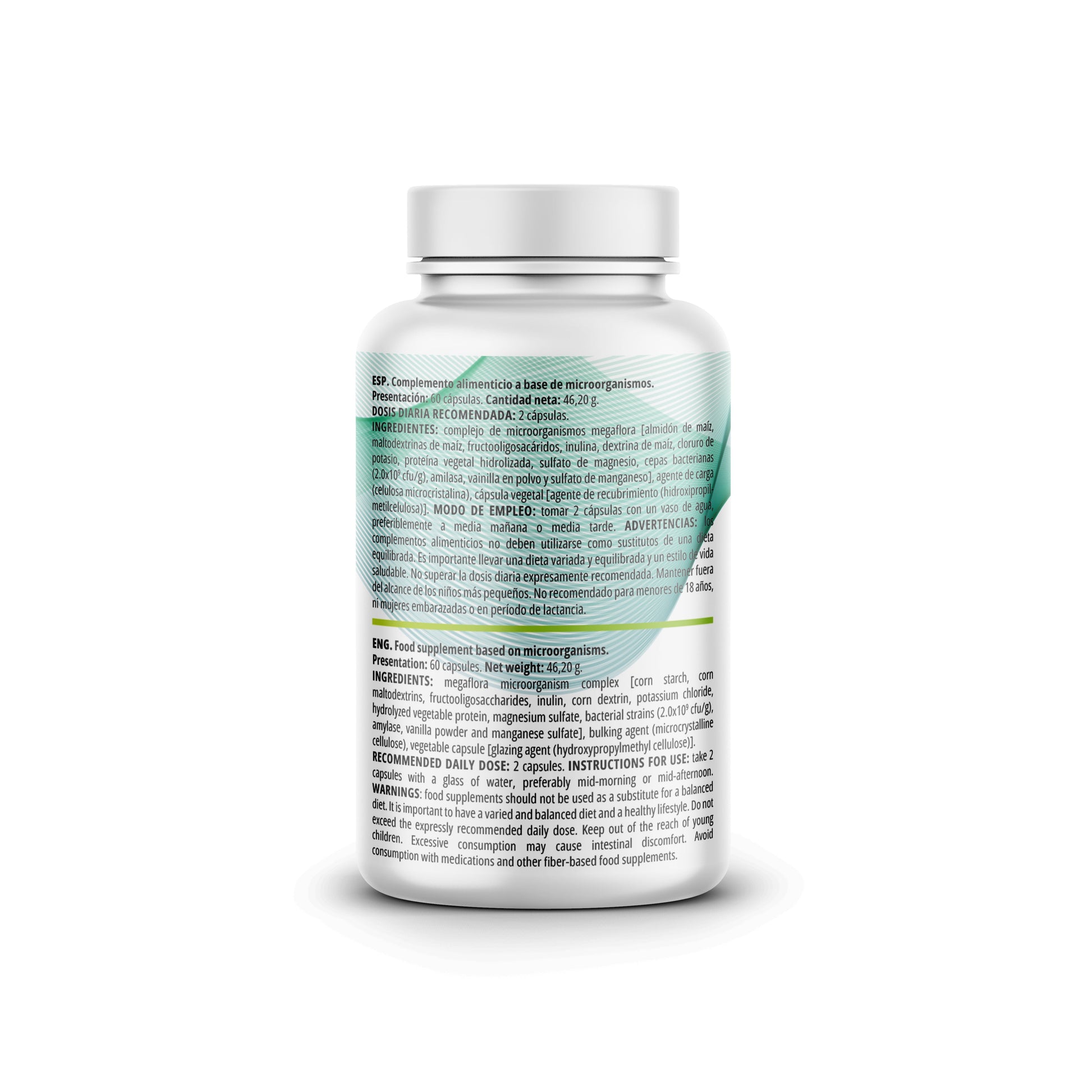 Probióticos EFNE Alta Potencia con 10 cepas clínicas, imagen del envase y ingredientes en fondo blanco.