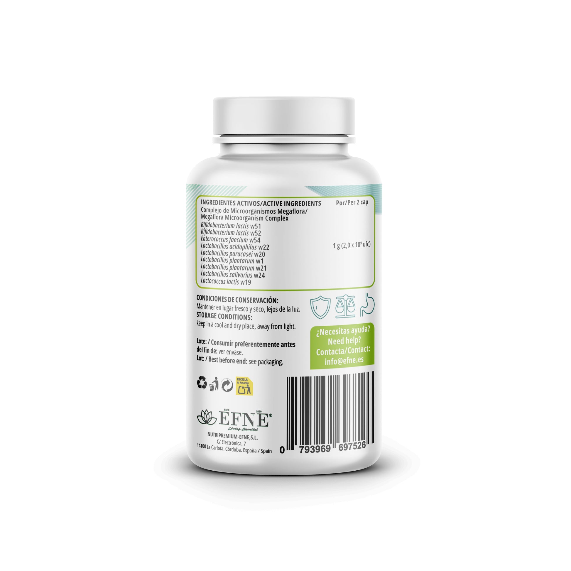 Probióticos EFNE Alta Potencia con 10 cepas clínicas, ingredientes activos en envase de mock-up.