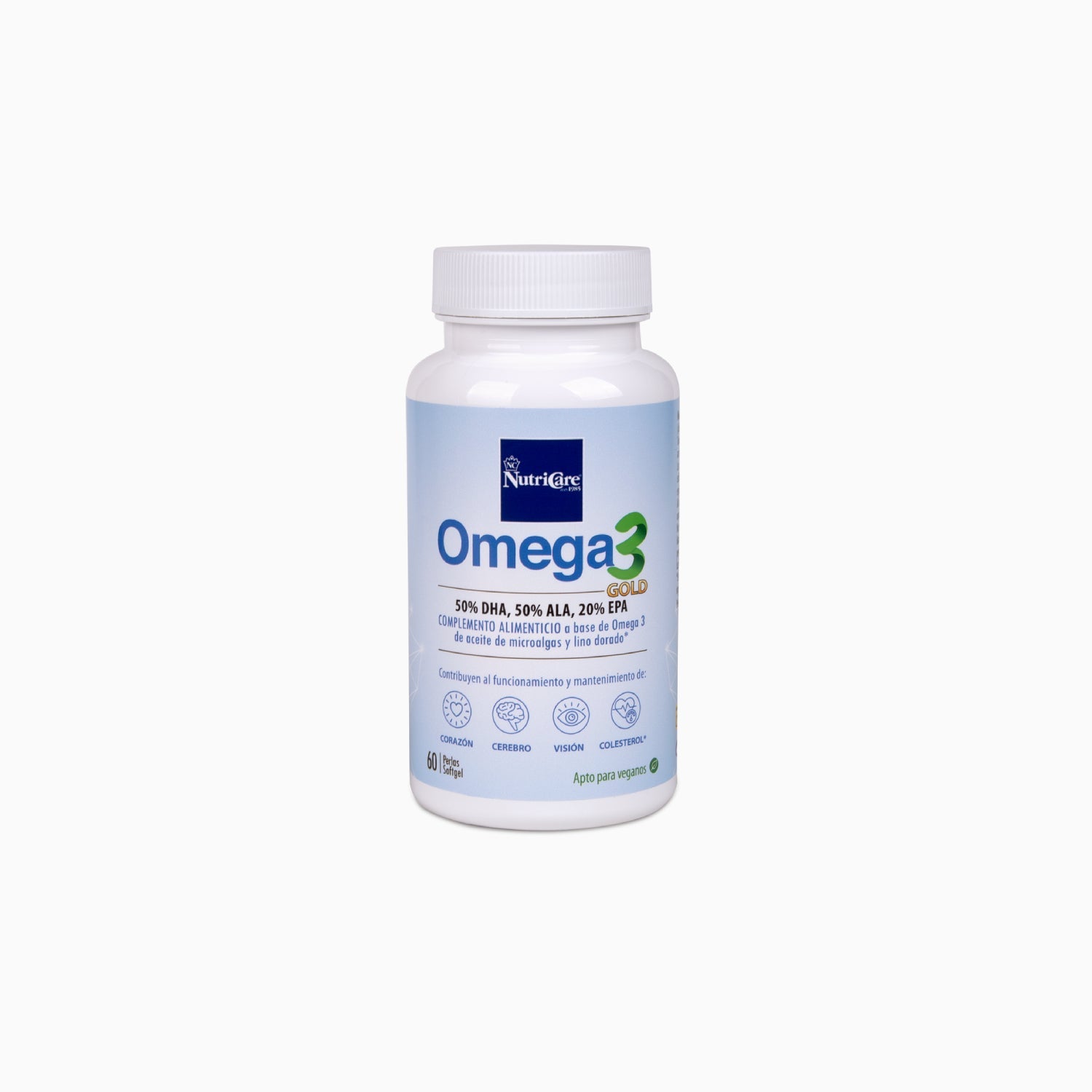 Suplemento Omega 3 Gold de NutriCare con cápsulas de aceite de pescado para la salud cardiovascular.