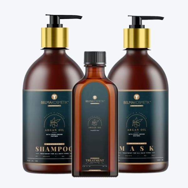 Kit de cuidado en casa XARODIST con champú, mascarilla y serum de aceite de argán, ideal para cabello saludable y brillante.