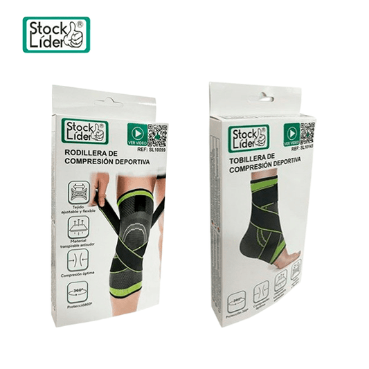 Pack de tobilleras y rodilleras de compresión deportiva innovagizmo para soporte y alivio en actividades físicas.