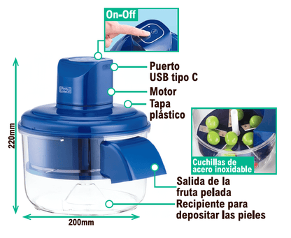 Peladora automática de frutas de innovagizmo.com, mostrando la máquina en funcionamiento con frutas peladas y listas para usar.