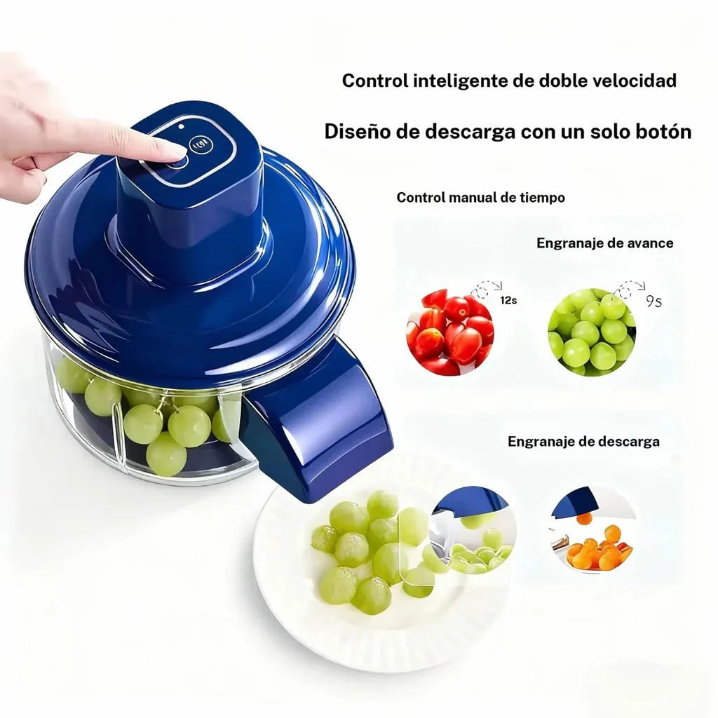 Peladora automática de frutas de innovagizmo.com, muestra frutas peladas rápidamente y con precisión en un entorno de cocina.