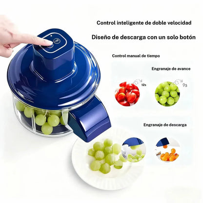 Peladora automática de frutas de innovagizmo.com, muestra frutas peladas rápidamente y con precisión en un entorno de cocina.