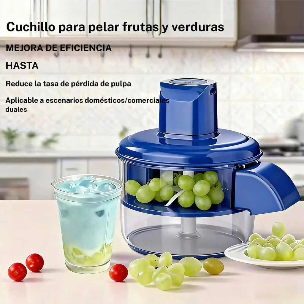 Peladora automática de frutas de innovagizmo.com, rápida y precisa, mostrando frutas peladas y la máquina en uso.