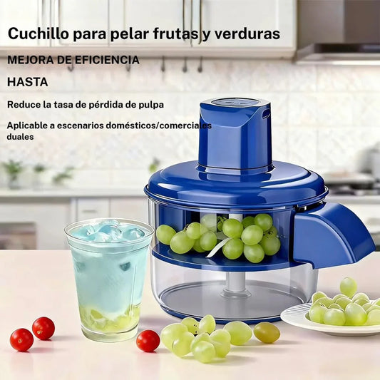 Peladora automática de frutas de innovagizmo.com, rápida y precisa, mostrando frutas peladas y la máquina en uso.
