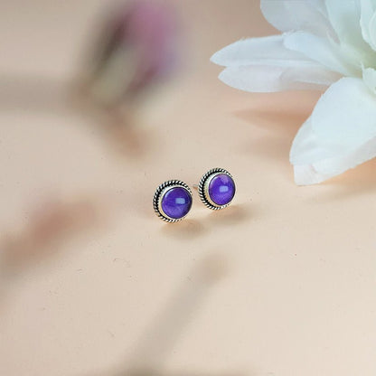 Pendientes Botón Amatista y Plata de Ley 925