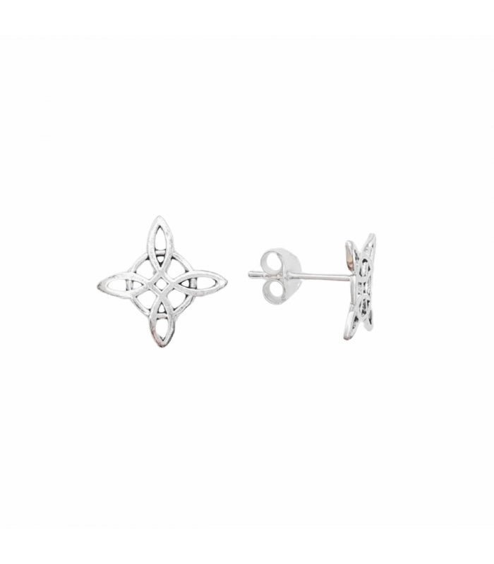 Pendientes botón de nudo de bruja en plata de ley 925 de Mystical Tienda, con diseño de nudo y acabado brillante.