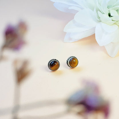 Pendientes Botón Ojo de Tigre y Plata de Ley 925