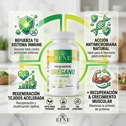 Perlas de aceite de orégano EFNE Premium con 80% de carvacrol, mostrando cápsulas de aceite de orégano en una imagen natural.