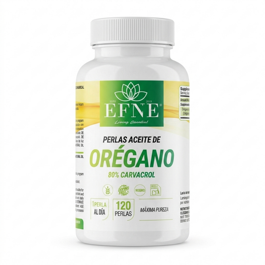 Perlas de aceite de orégano premium EFNE con 80% de carvacrol, vista frontal de las cápsulas en envase.
