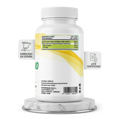 Perlas de aceite de orégano premium EFNE con 80% de carvacrol, cápsulas de 120 unidades en envase blanco y verde.