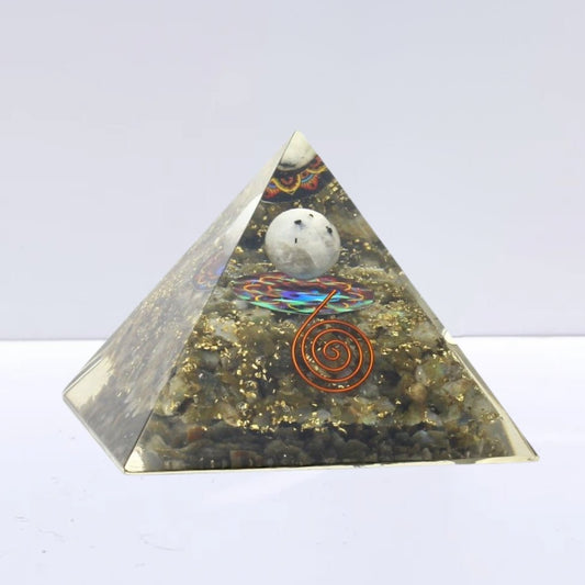 Pirámide Orgonita 'Earth' - Labradorita con Esfera de Piedra de Luna - Sensaido