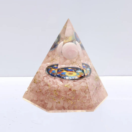 Pirámide Orgonita 'Sacred' - Cuarzo Rosa con Universo - Sensaido