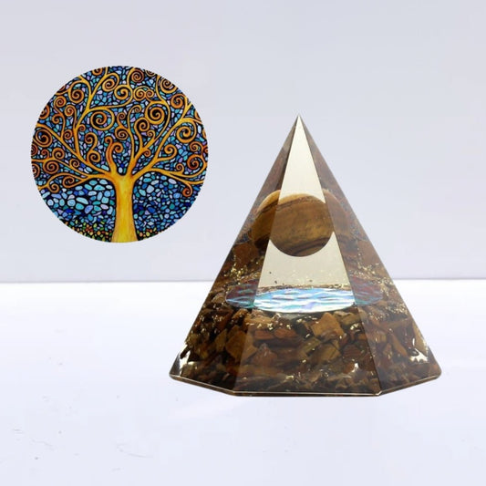Pirámide Orgonita 'Sacred' - Ojo de Tigre con Árbol de la Vida - Sensaido