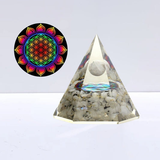 Pirámide Orgonita 'Sacred' - Piedra de Luna y Flor de la Vida - Sensaido