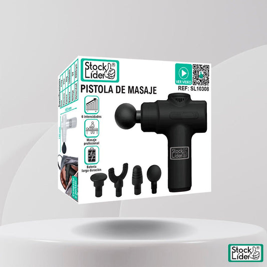 Pistola de masaje innovagizmo.com con mango ergonómico y accesorios para aliviar tensión muscular.