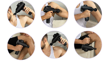 Pistola de masaje Innovagizmo en mano, con cabezales intercambiables y diseño ergonómico para aliviar tensión muscular.