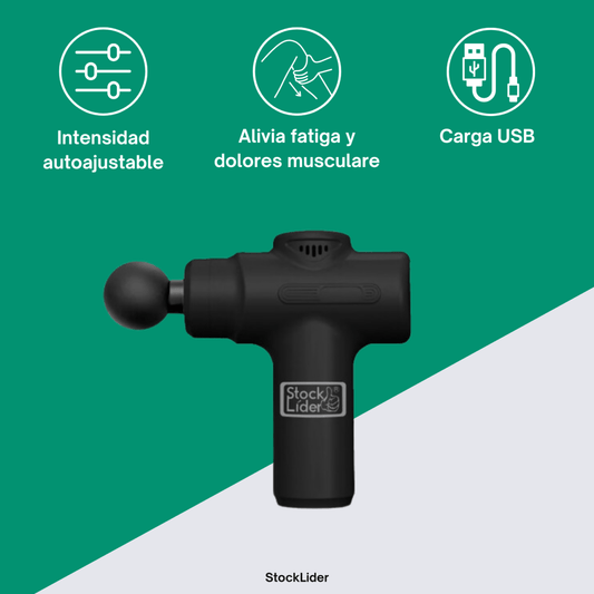 Pistola de masaje Innovagizmo.com con mango ergonómico y cabezales intercambiables para alivio muscular.
