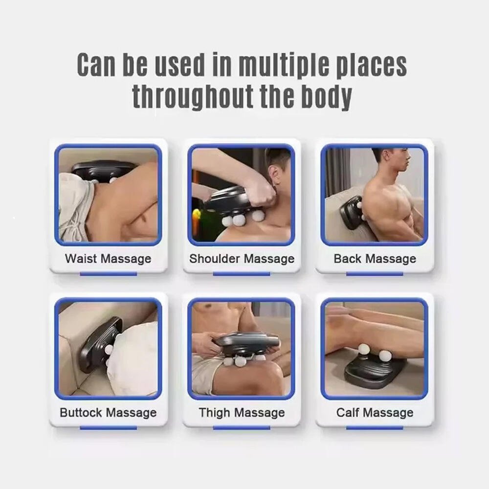 Pistola de masaje innovagizmo.com con 4 cabezas para aliviar músculos y mejorar la circulación corporal.
