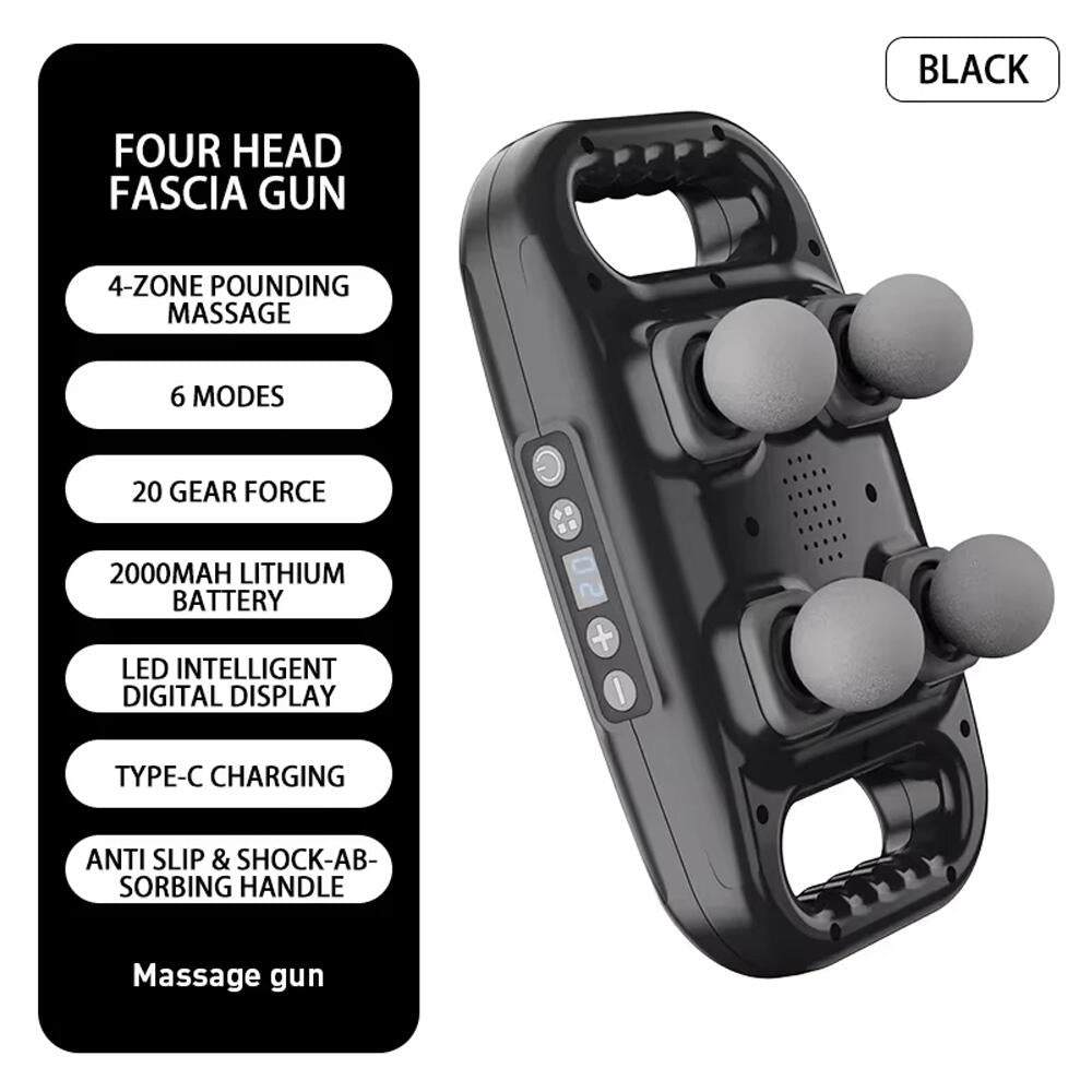 Pistola de masaje Innovagizmo con 4 cabezas para aliviar tensión muscular en diferentes áreas del cuerpo.