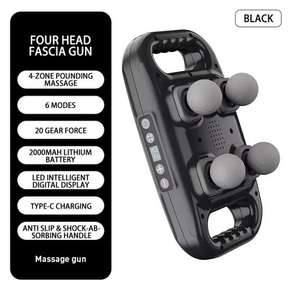 Pistola de masaje Innovagizmo con 4 cabezas para aliviar tensión muscular en diferentes áreas del cuerpo.