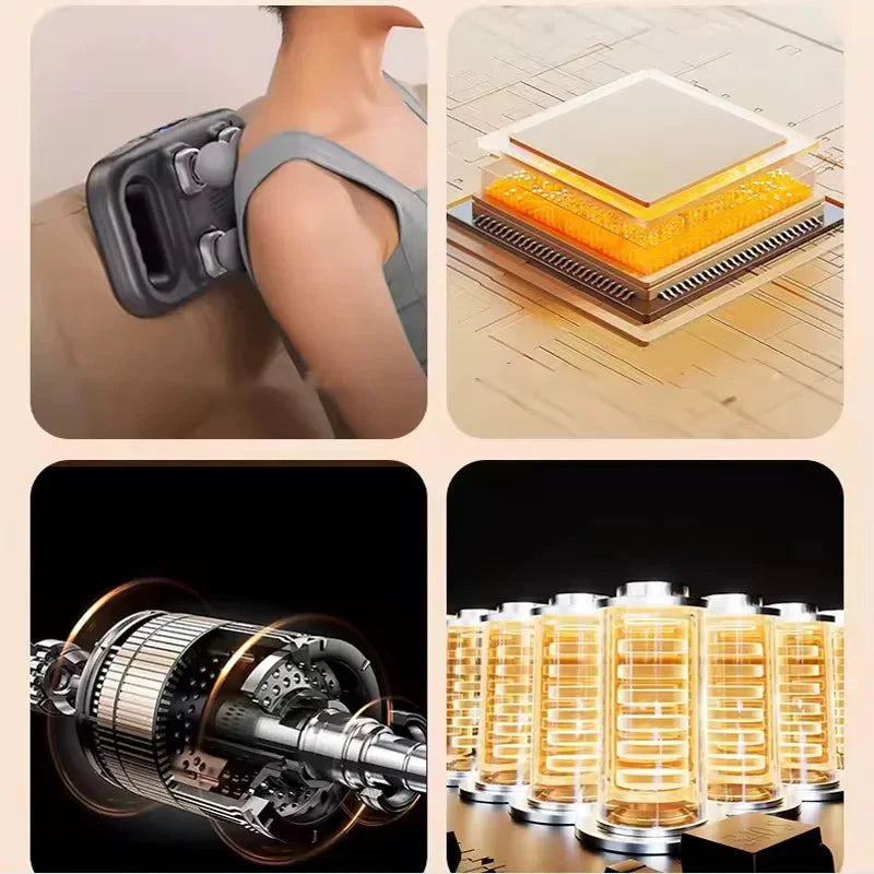 Pistola de masaje de 4 cabezas de innovagizmo.com, diseñada para aliviar músculos con diferentes accesorios de masaje.
