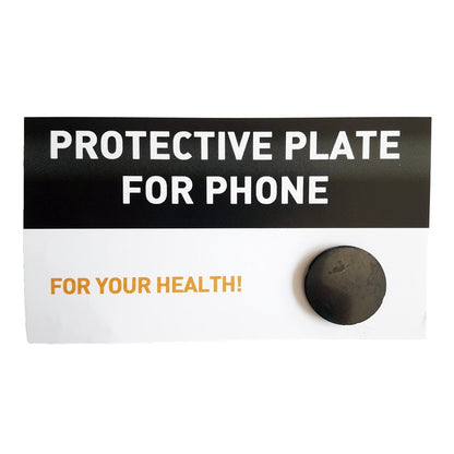 Placa de shungit circular adhesiva de Mystical Tienda para protección energética del móvil, con superficie negra y diseño compacto.