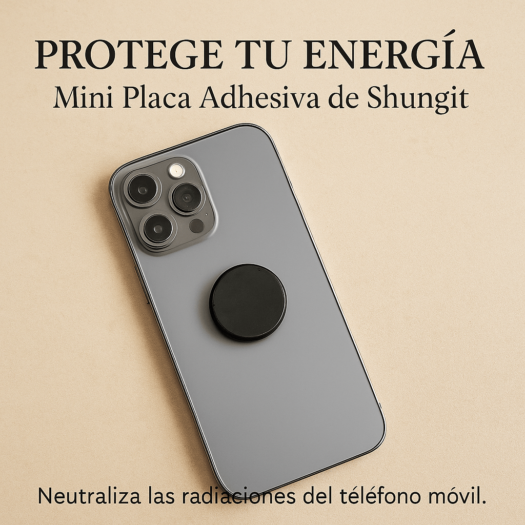Placa de shungit circular adhesiva de Mystical Tienda para protección energética en tu móvil.