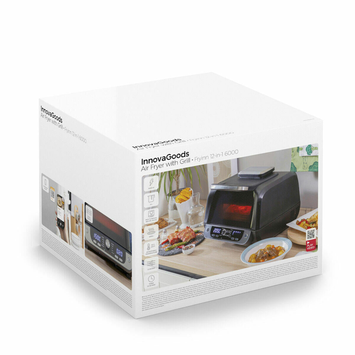 Freidora de aire con grill Fryinn 12-en-1 en color negro, acero, con accesorios y recetario, 6000 W, capacidad de 6 litros.