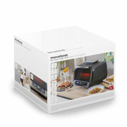 Freidora de aire con grill Fryinn 12-en-1 en color negro, acero, con accesorios y recetario, 6000 W, capacidad de 6 litros.