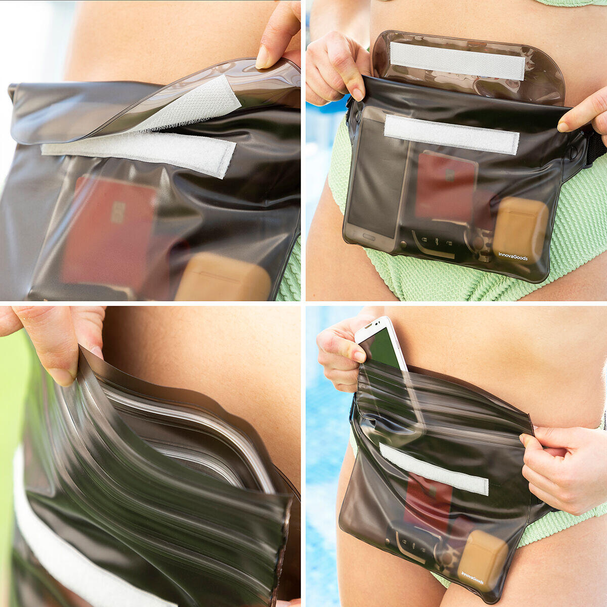 Bolsa riñonera impermeable Wannis de Innovagizmo con correa ajustable, en color negro, ideal para actividades al aire libre.
